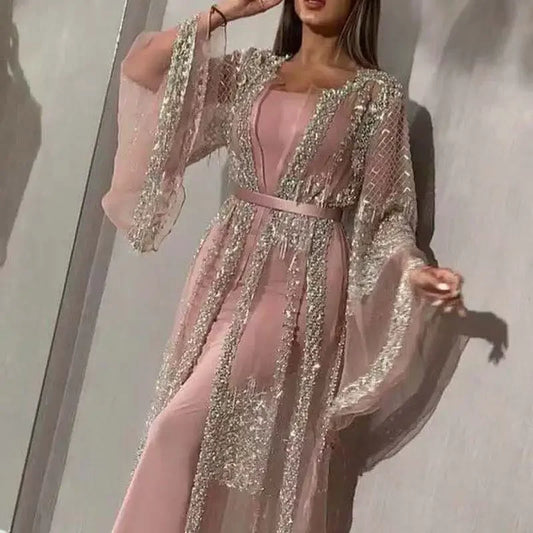 New 2024 Women's Muslim Abaya Dubai Muslim Dress Luxury High Class Sequins Embroidery Lace Kaftan Islam Kimono Black Maxi Dress