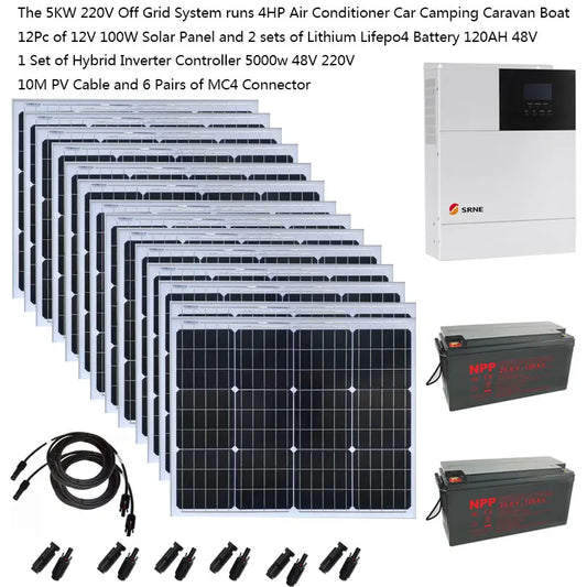 Solar Kit Complete 5KW 5000W 110v 220V PV Panel 100W LiFePO4 Lithium Battery Hybrid Inverter Home Off Grid Car Caravan Camping