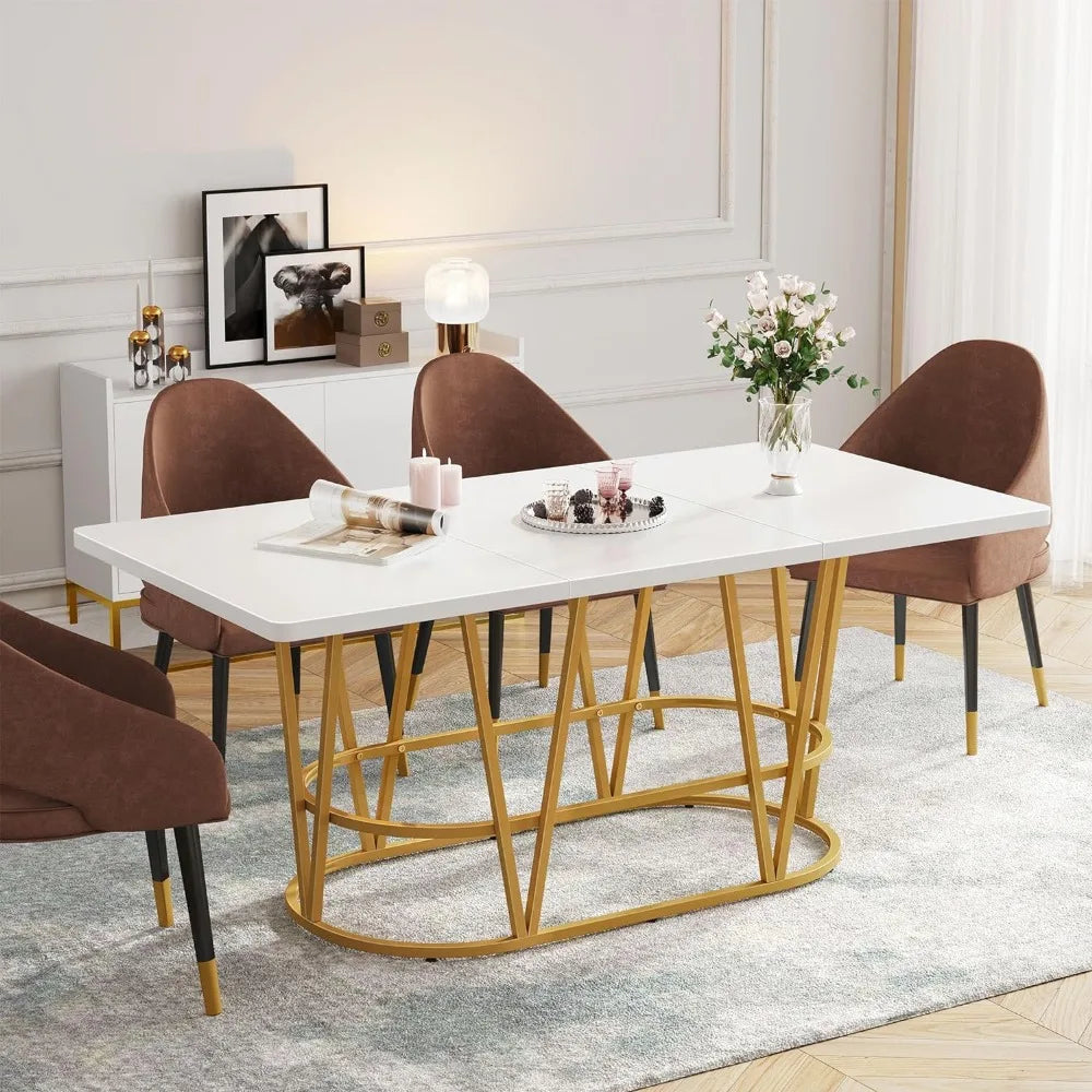 70.3" Modern Dining Table with Faux Marble Top and Gold Geometric Legs, Wooden Dining Table for Dining Room Gatherings, White