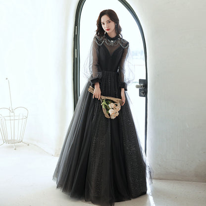 Black Evening Dress Women Light Luxury Annual Long Sleeves